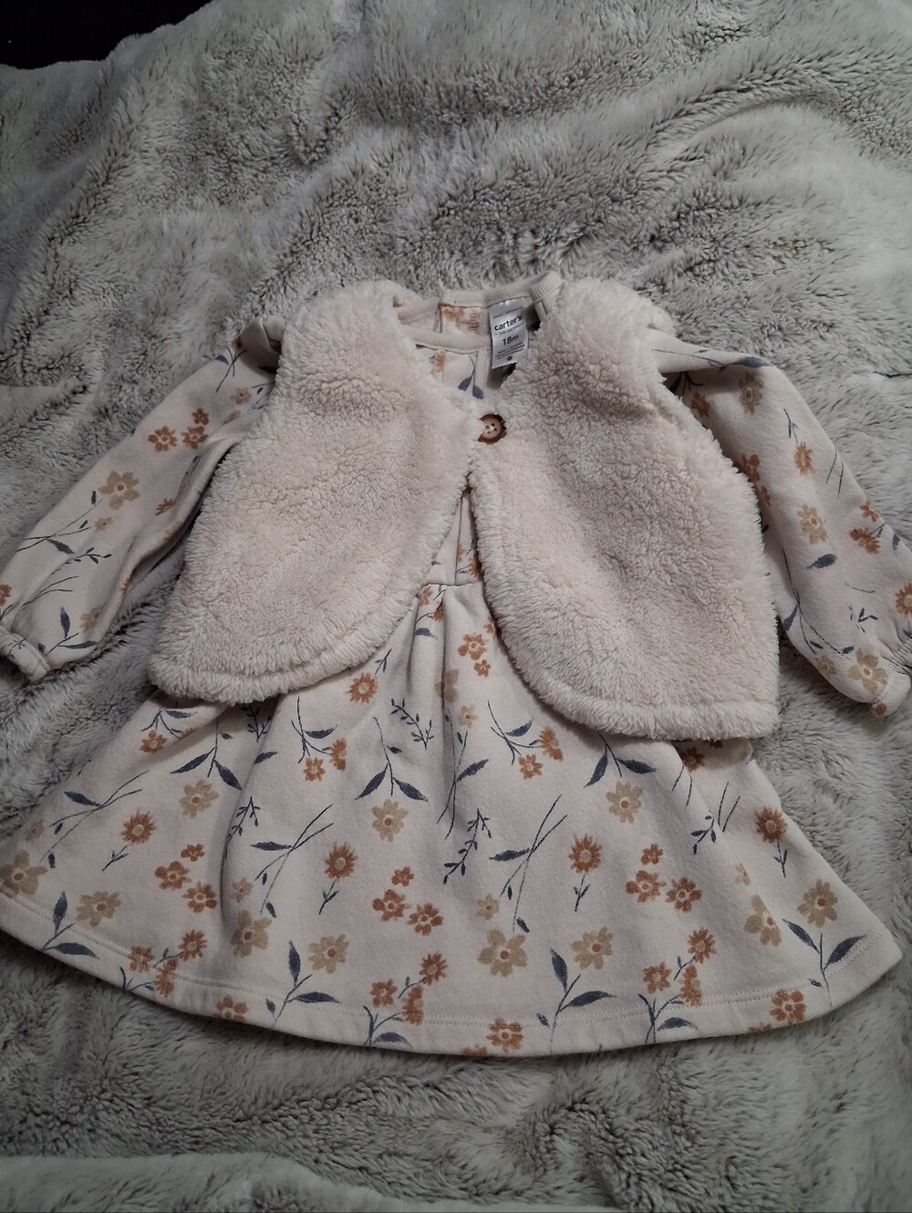 Carter's Cream Floral Dress with Cream Faux-Sherpa Vest - Girls